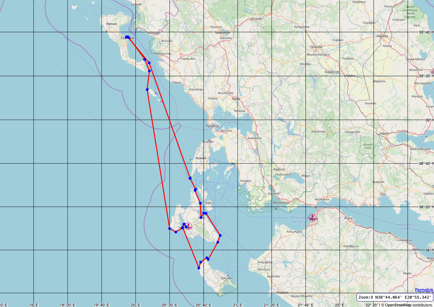 Przykładowa trasa rejsu z Corfu